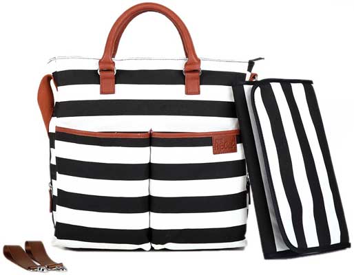 Diaper Bag by Hip Cub - Baby Changing Pad - Black /White Stripe W/ Cute Tan Trim