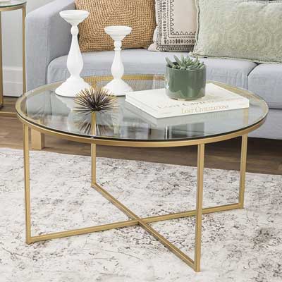 WE Furniture 36-Inch Coffee Table with X-Base-Glass/Gold